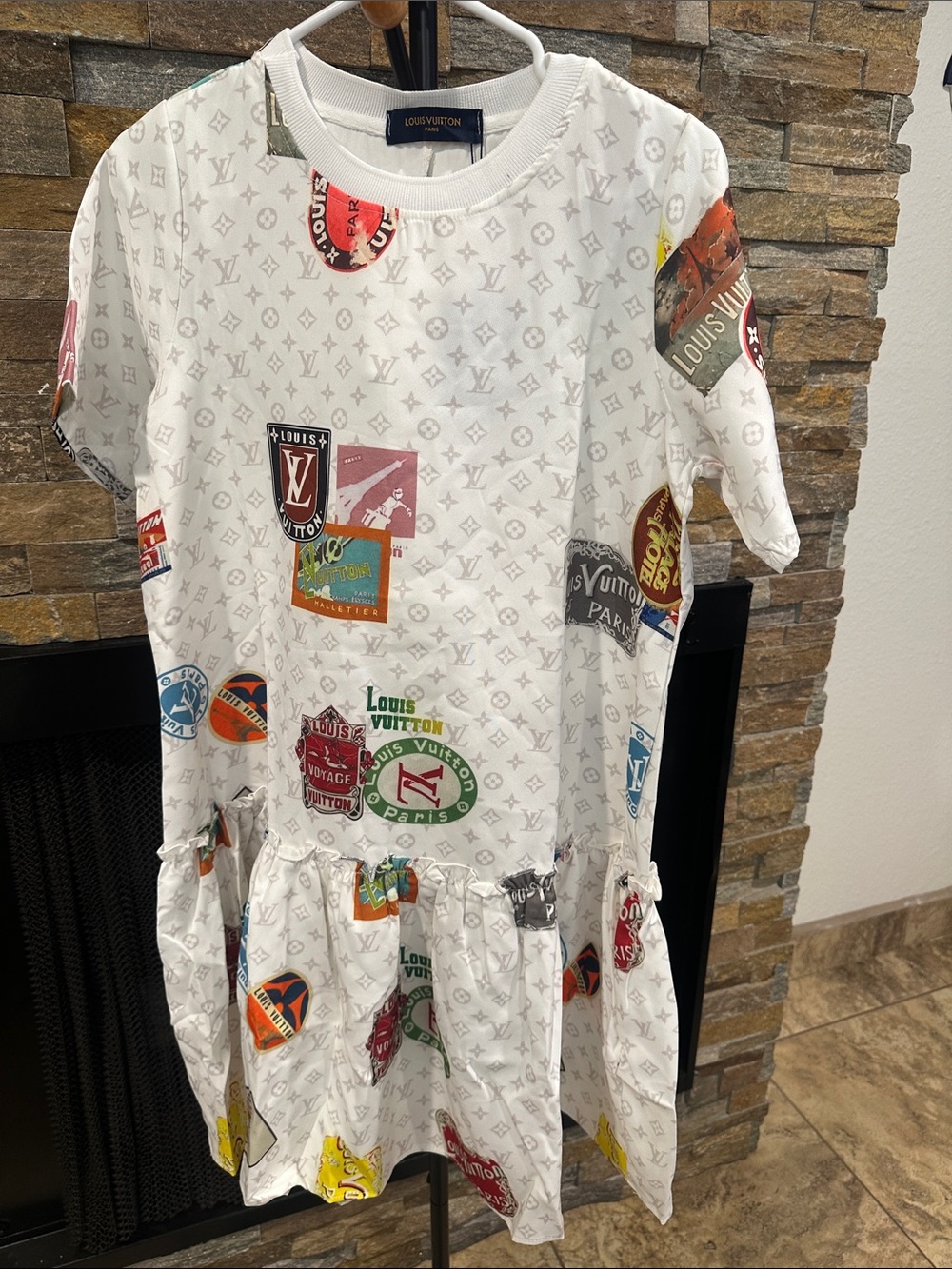 White Monogram Sticker-Print Drop Waist Dress size L